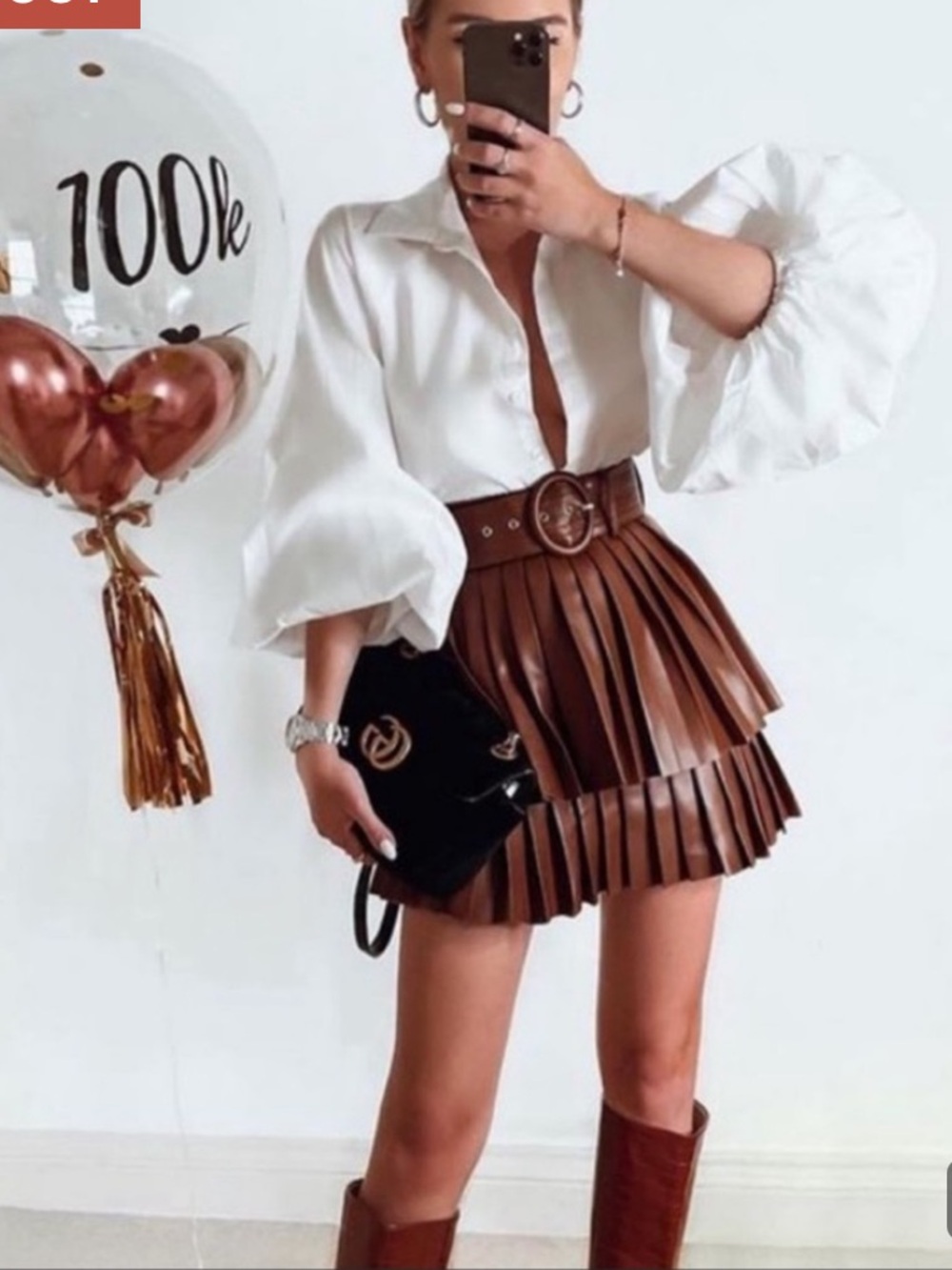 Zara Brown Pleated Faux-Leather Mini Skirt with Round Belt - Picture 2 of 13